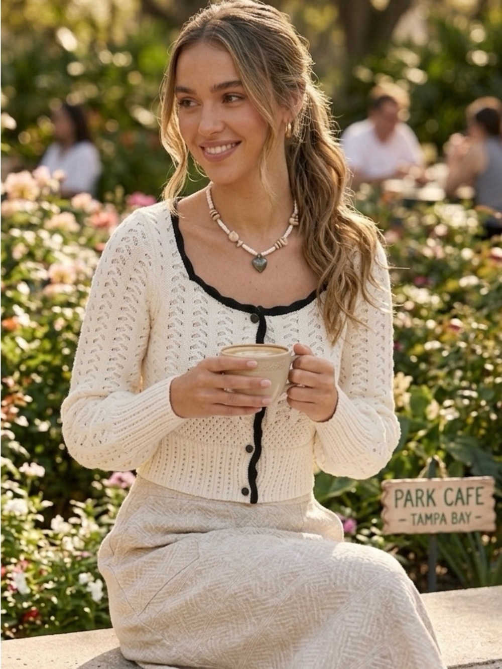 Cream Open Knit Cropped Cardigan with Black Contrast Trim